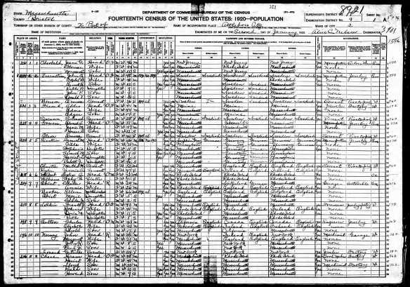 Samuel and Tilda Baer Einstein (Stone) 1920 US census Year: 1920; Census Place: Attleboro Ward 2, Bristol, Massachusetts; Roll: T625_681; Page: 1A; Enumeration District: 9; Image: 794