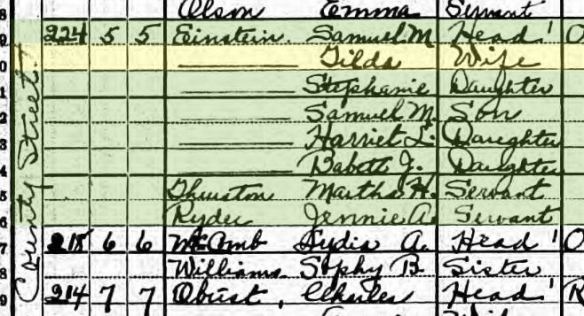 Tilda Baer and Samuel Einstein [Stone], 1920 census Year: 1920; Census Place: Attleboro Ward 2, Bristol, Massachusetts; Roll: T625_681; Page: 1A; Enumeration District: 9; Image: 794