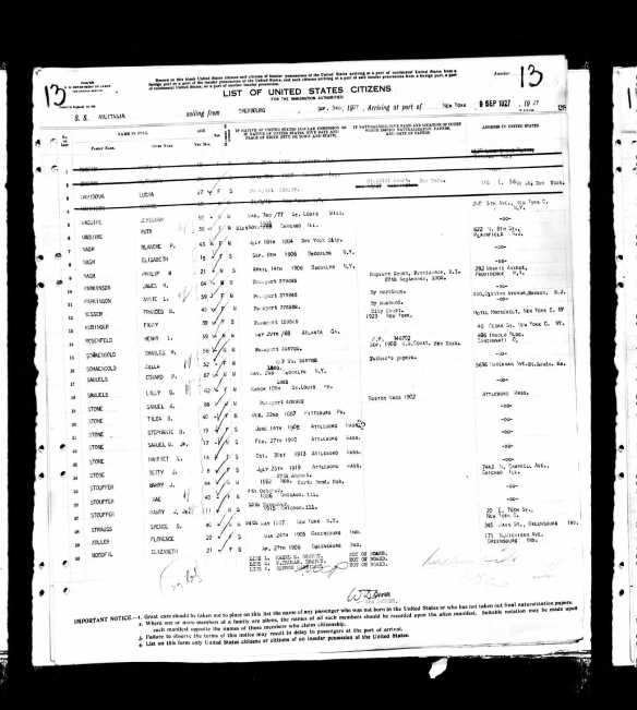 Stone family on 1927 passenger manifest Year: 1927; Arrival: New York, New York; Microfilm Serial: T715, 1897-1957; Microfilm Roll: Roll 4125; Line: 1; Page Number: 28