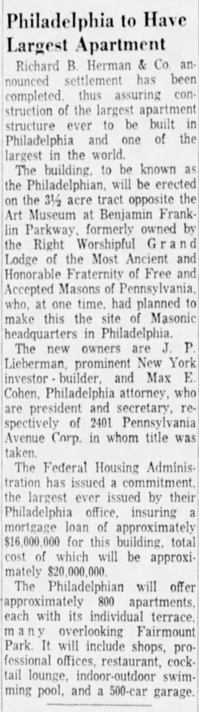 "Philadelphia to Have Largest Apartment, Camden Courier Post, Saturday, May 6, 1961, p. 2