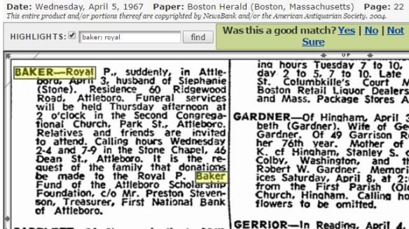 Royal P Baker death notice April 1967