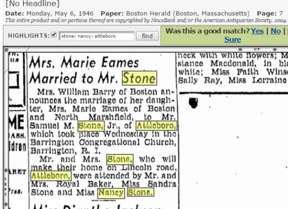 Samuel Stone Jr wedding to Marie Eames