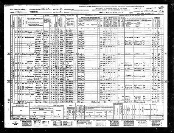Julius Goldfarb and family 1940 census lines 13-17 Year: 1940; Census Place: Jersey City, Hudson, New Jersey; Roll: T627_2406; Page: 7A; Enumeration District: 24-197