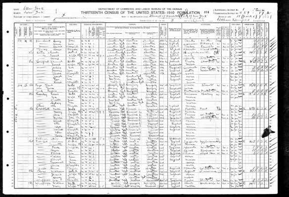 Sam Goldfarb and family 1910 US census, lines 8-17 Year: 1910; Census Place: Manhattan Ward 11, New York, New York; Roll: T624_1012; Page: 17A; Enumeration District: 0259; FHL microfilm: 1375025