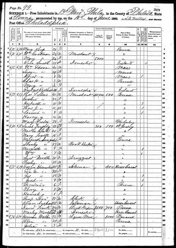 Gerson Katzenstein and family 1860 US census Year: 1860; Census Place: Philadelphia Ward 13, Philadelphia, Pennsylvania; Roll: M653_1163; Page: 519; Image: 105; Family History Library Film: 805163