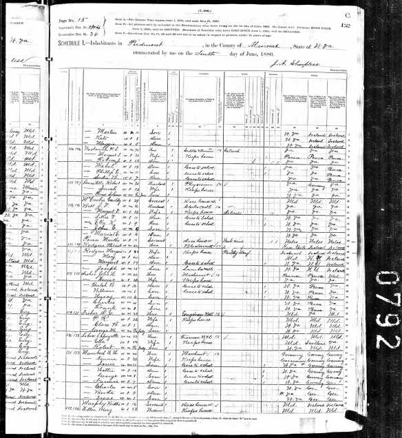 HH Mansbach and family 1880 US census Year: 1880; Census Place: Piedmont, Mineral, West Virginia; Roll: 1408; Family History Film: 1255408; Page: 152C; Enumeration District: 034