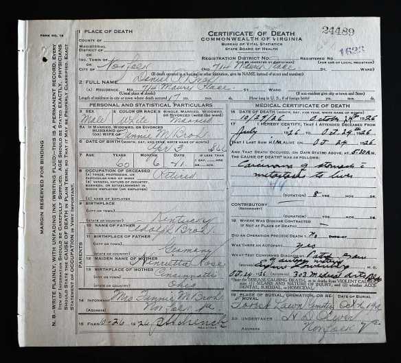 Daniel Broh death certificate Ancestry.com. Virginia, Death Records, 1912-2014 [database on-line]. Provo, UT, USA: Ancestry.com Operations, Inc., 2015. Original data: Virginia, Deaths, 1912–2014. Virginia Department of Health, Richmond, Virginia.
