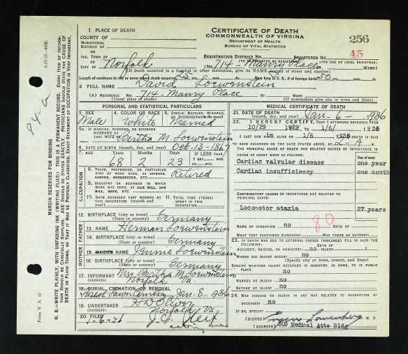 David Loewenstein death certificate Ancestry.com. Virginia, Death Records, 1912-2014 [database on-line]. Provo, UT, USA: Ancestry.com Operations, Inc., 2015. Original data: Virginia, Deaths, 1912–2014. Virginia Department of Health, Richmond, Virginia.