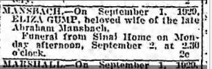 Eliza Gump Mansbach death notice Baltimore Sun, September 2, 1929 p. 14