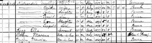 Jacob Katzenstein and family 1900 census Year: 1900; Census Place: Johnstown Ward 1, Cambria, Pennsylvania; Roll: 1388; Page: 12A; Enumeration District: 0124; FHL microfilm: 1241388