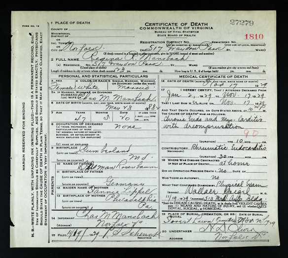 Regina Rosenbaum Mansbach death certificate Ancestry.com. Virginia, Death Records, 1912-2014 [database on-line]. Provo, UT, USA: Ancestry.com Operations, Inc., 2015. Original data: Virginia, Deaths, 1912–2014. Virginia Department of Health, Richmond, Virginia.