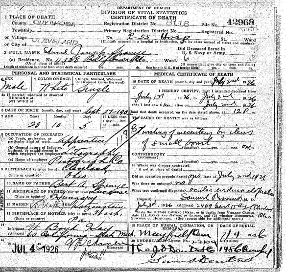 Edward Spanye death certificate "Ohio Deaths, 1908-1953," database with images, FamilySearch (https://familysearch.org/ark:/61903/3:1:33S7-9PJ1-S35L?cc=1307272&wc=MD9X-1PD%3A287601201%2C294566201 : 21 May 2014), 1926 > image 2692 of 3564.