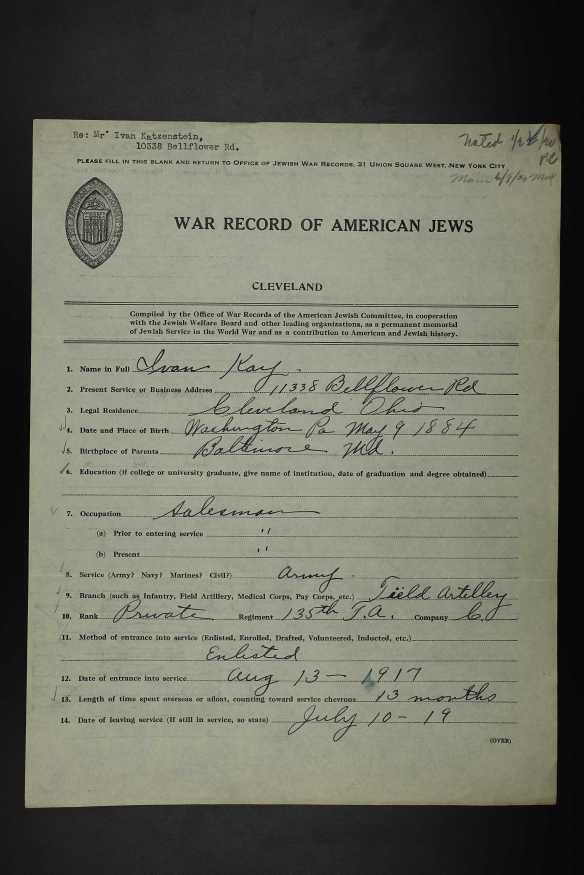 Series II: Questionnaires: Jews; Record Group Description: (A) General Files, Army and Navy (Boxes 2-4); Box #: 3; Folder #: 9; Box Info: (Box 3) Cleveland: Privates, H-P Description Folder Content Description : (Box 3) Cleveland: Privates, H-P