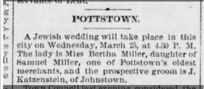 Jacob Katzenstein wedding to Bertha Miller PHiladelphia Times March 12 1891 p. 3