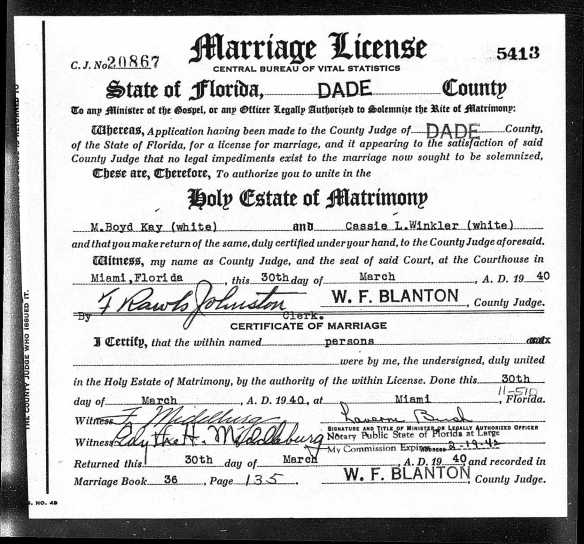 M Boyd Kay marriage to Cassie Winkler Ancestry.com. Florida, County Marriages, 1823-1982 [database on-line]. Lehi, UT, USA: Ancestry.com Operations, Inc., 2016. Original data: Marriage Records. Florida Marriages. FamilySearch, Salt Lake City, UT.