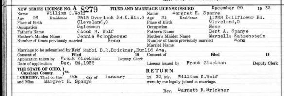 Marriage license of Margaret Spanye and William Wolf Ancestry.com. Ohio, County Marriages, 1774-1993 [database on-line]. Lehi, UT, USA: Ancestry.com Operations, Inc., 2016. Original data: Marriage Records. Ohio Marriages. FamilySearch, Salt Lake City, UT.