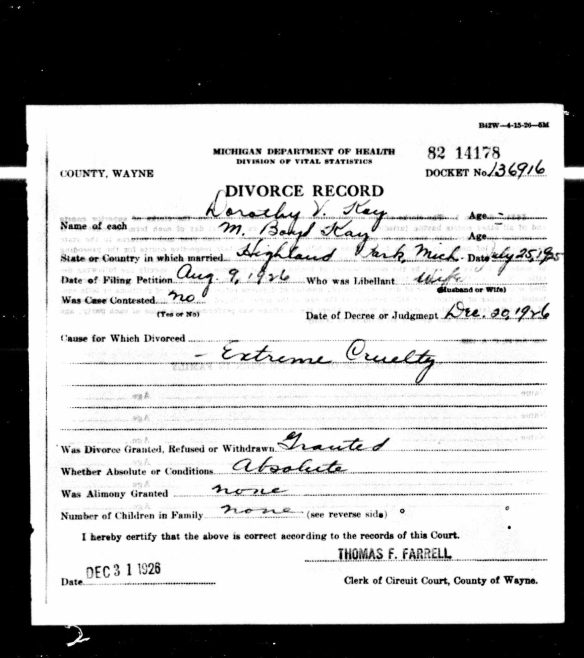 Divorce of Milton Boyd Kay by Dorothy Veese 1926 Ancestry.com. Michigan, Divorce Records, 1897-1952 [database on-line]. Provo, UT, USA: Ancestry.com Operations, Inc., 2014. Original data: Michigan. Divorce records. Michigan Department of Community Health, Division for Vital Records and Health Statistics, Lansing, Michigan