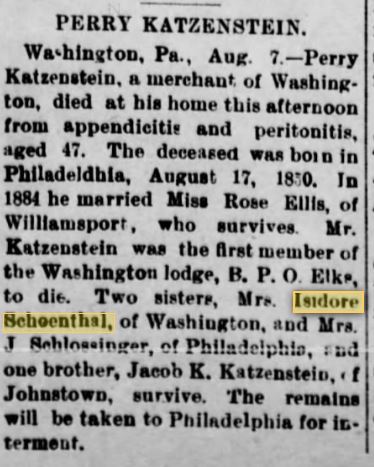 Perry Katzenstein obituary Canonsburg PA Daily Notes August 8, 1903 p.2