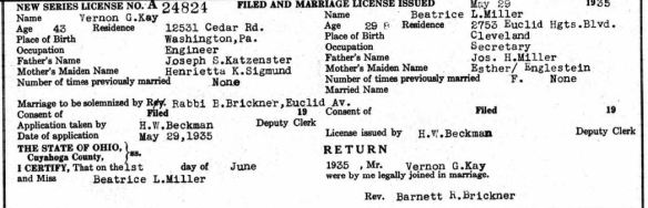 Vernon Kay marriage license Cuyahoga County Archive; Cleveland, Ohio; Cuyahoga County, Ohio, Marriage Records, 1810-1973; Volume: Vol 173-174; Page: 165; Year Range: 1934 Oct - 1935 Aug