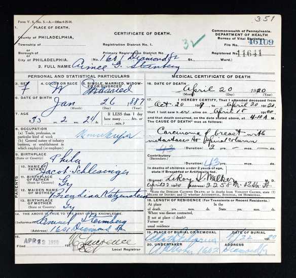 Aimee Schlesinger Steinberg death certificate Pennsylvania Historic and Museum Commission; Pennsylvania, USA; Certificate Number Range: 043501-046500 
