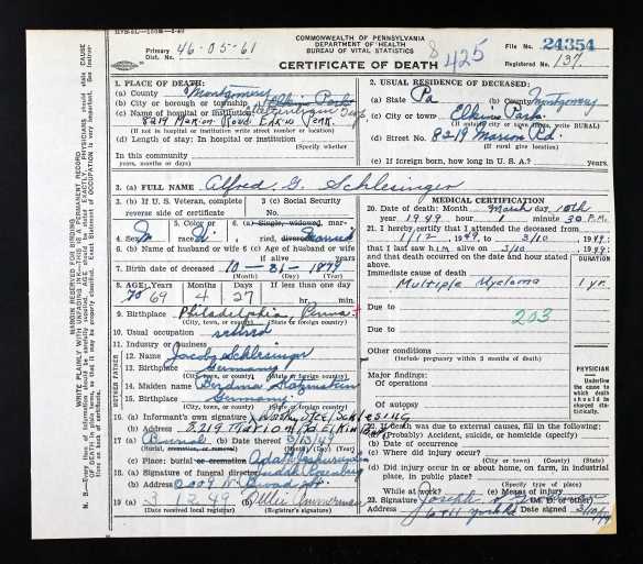 Alfred Schlesinger death certificate Pennsylvania Historic and Museum Commission; Pennsylvania, USA; Certificate Number Range: 024151-026700