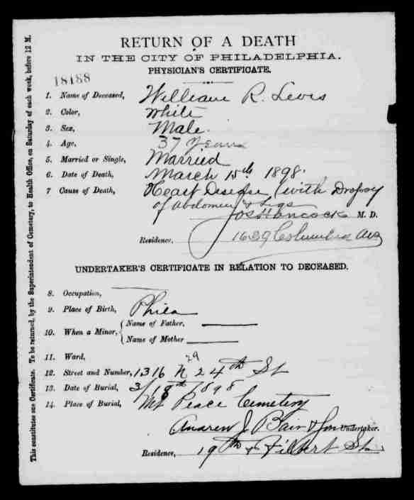 William Levis death certificate "Pennsylvania, Philadelphia City Death Certificates, 1803-1915," database with images, FamilySearch (https://familysearch.org/ark:/61903/3:1:S3HT-678Q-WCM?cc=1320976&wc=9F51-DP8%3A1073236401 : 16 May 2014), > image 1267 of 1772; Philadelphia City Archives 