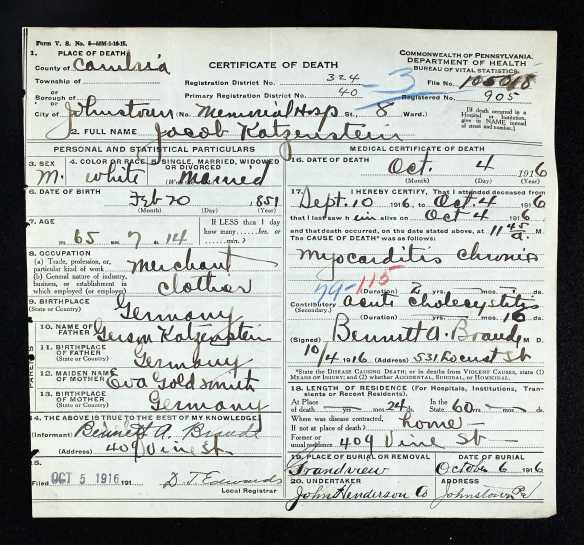 Jacob Katzenstein death certificate Pennsylvania Historic and Museum Commission; Pennsylvania, USA; Certificate Number Range: 102541-105790