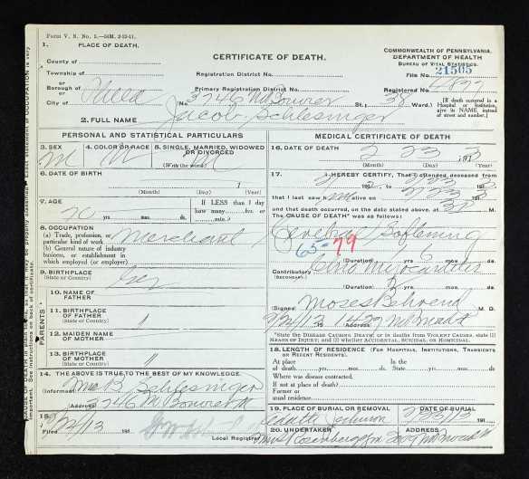 Jacob Schlesinger death certificate Pennsylvania Historic and Museum Commission; Pennsylvania, USA; Certificate Number Range: 019891-023570