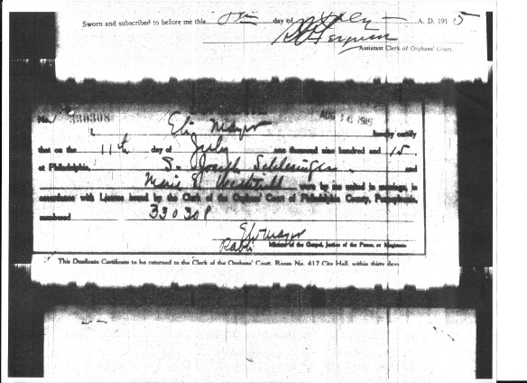Marriage license and certificate of S. Joseph Schlesinger and Marie Wetherill