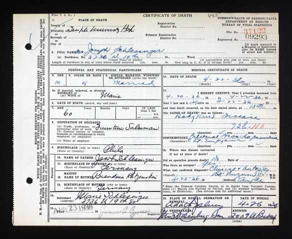 S. Joseph Schlesinger death certificate Pennsylvania Historic and Museum Commission; Pennsylvania, USA; Certificate Number Range: 036501-039500
