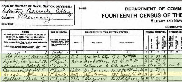 John Rodgers 1920 census Year: 1920; Census Place: Coblenz, Germany, Military and Naval Forces; Roll: T625_2040; Page: 1A; Enumeration District: Infantry Barracks; Image: 304