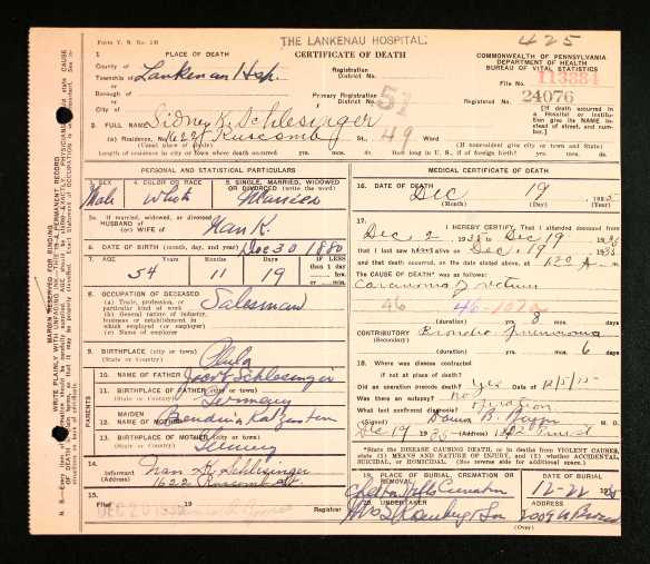 Sidney Schlesinger death certificate Pennsylvania Historic and Museum Commission; Pennsylvania, USA; Certificate Number Range: 112501-114537