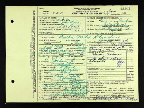 Bertha Miller Katzenstein death certificate Pennsylvania Historic and Museum Commission; Pennsylvania, USA; Certificate Number Range: 010551-013400
