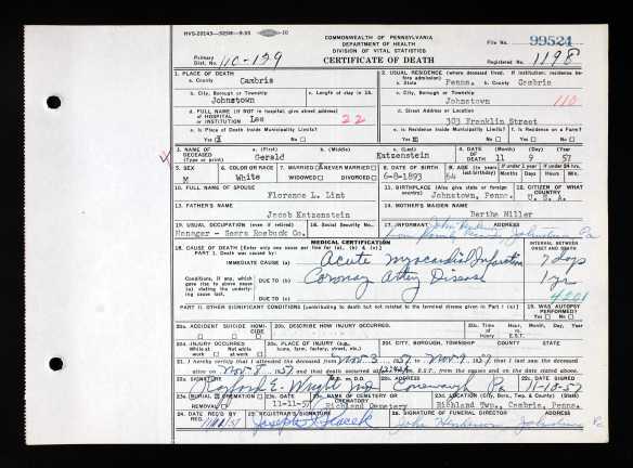 Gerald Katzenstein death certificate Pennsylvania Historic and Museum Commission; Pennsylvania, USA; Certificate Number Range: 099301-102000