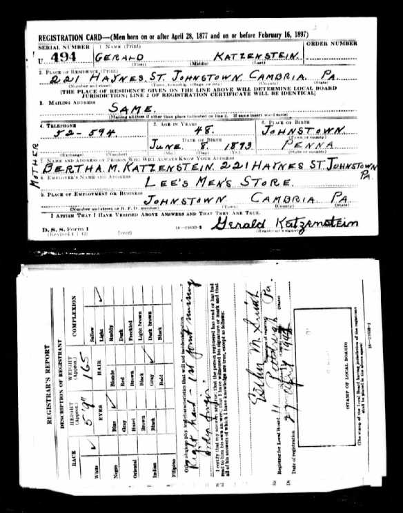 Gerald Katzenstein World War 2 draft registration The National Archives at St. Louis; St. Louis, Missouri; Draft Registration Cards for Fourth Registration for Pennsylvania, 04/27/1942 - 04/27/1942; NAI Number: 563728; Record Group Title: Records of the Selective Service System; Record Group Number: 147