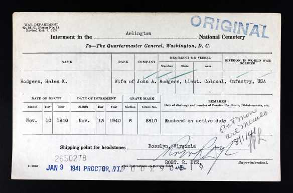 Ancestry.com. U.S. National Cemetery Interment Control Forms, 1928-1962 [database on-line]. Provo, UT, USA: Ancestry.com Operations, Inc., 2012. Original data: Interment Control Forms, 1928–1962. Interment Control Forms, A1 2110-B. Records of the Office of the Quartermaster General, 1774–1985, Record Group 92. The National Archives at College Park, College Park, Maryland.