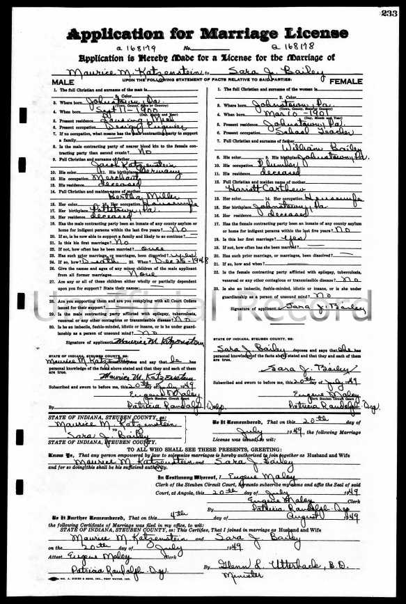 Indiana marriage record of Maurice Katzenstein and Sara Bailey Ancestry.com. Indiana, Marriages, 1810-2001 [database on-line]. Provo, UT, USA: Ancestry.com Operations, Inc., 2014. Original data: Indiana, Marriages, 1810-2001. Salt Lake City, Utah: FamilySearch, 2013