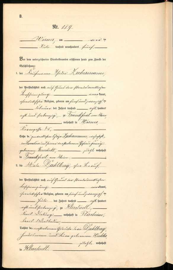 Marriage of Isidor Zechermann to first wife