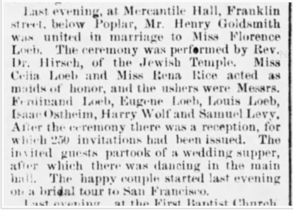 Harry Goldsmith wedding to Florence Loeb Phil Inq Dec 5 1883