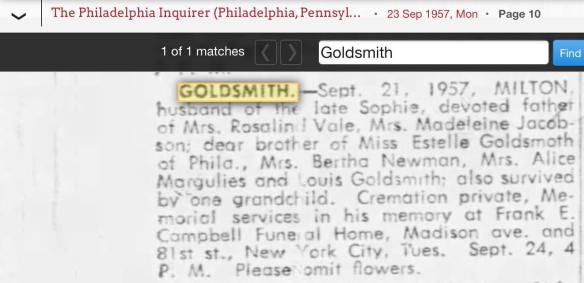 Milton Goldsmith death notice Phil Inq