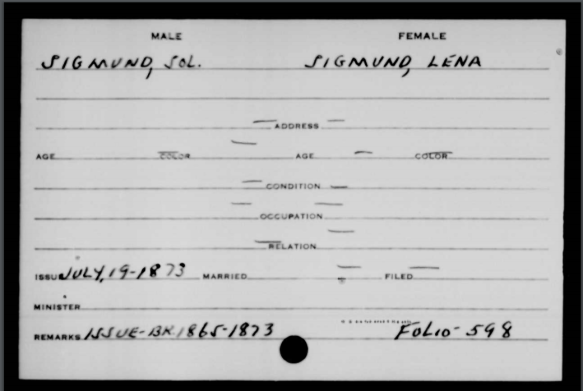 Sol Sigmund Lena Sigmund marriage 1873 MD state archives